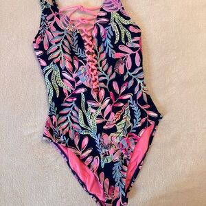 Lilly Pulitzer Pink and Blue Leaf One Piece Swimsuit